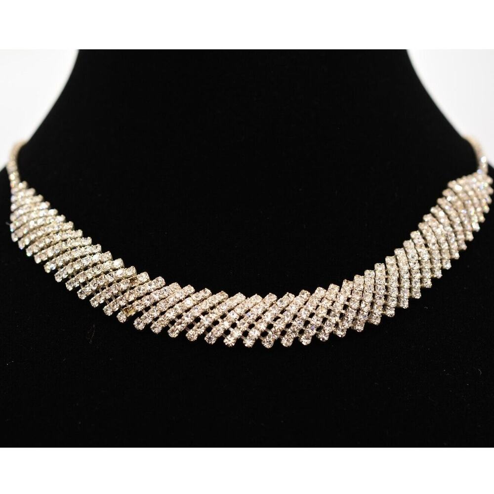 Vintage Crystal Rhinestone Choker Collar Necklace Sparkling Silver 1990s Bin4A